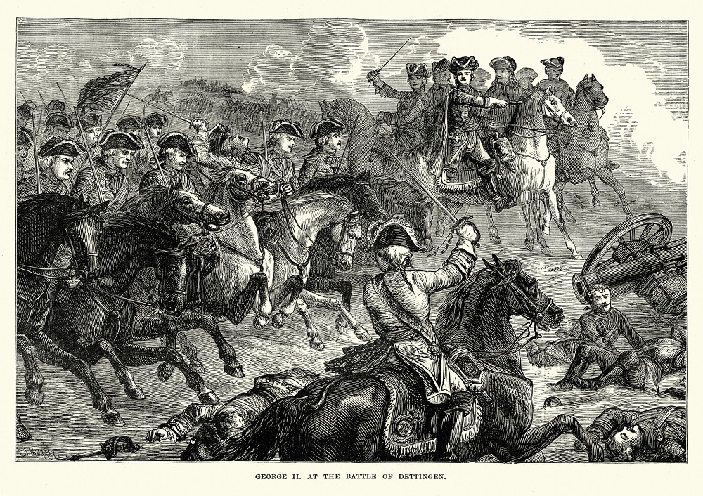 Black and white artist impression of King George II at the Battle of Dettingen