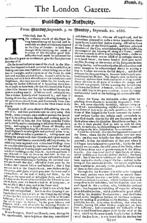 The London Gazette Fire of London issue