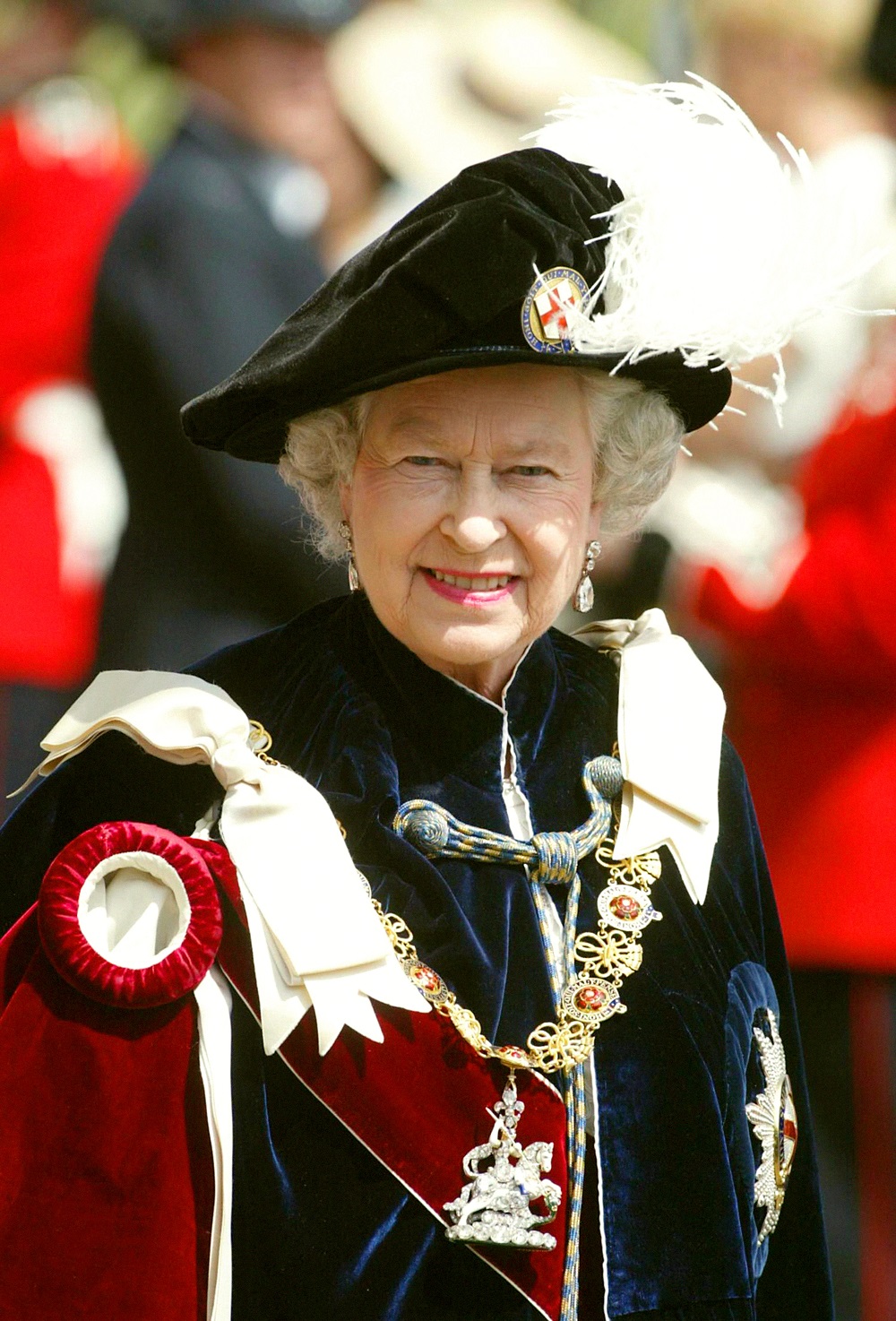 Queen Elizabeth II wearing the Order of the Garter badge and garter on Garter Day