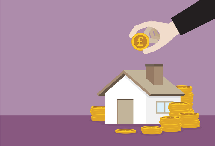 Illustration of a house with a hand putting a coin into it