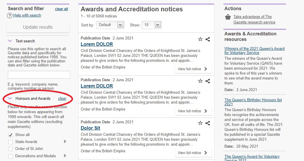 Honours Awards Gazette Search
