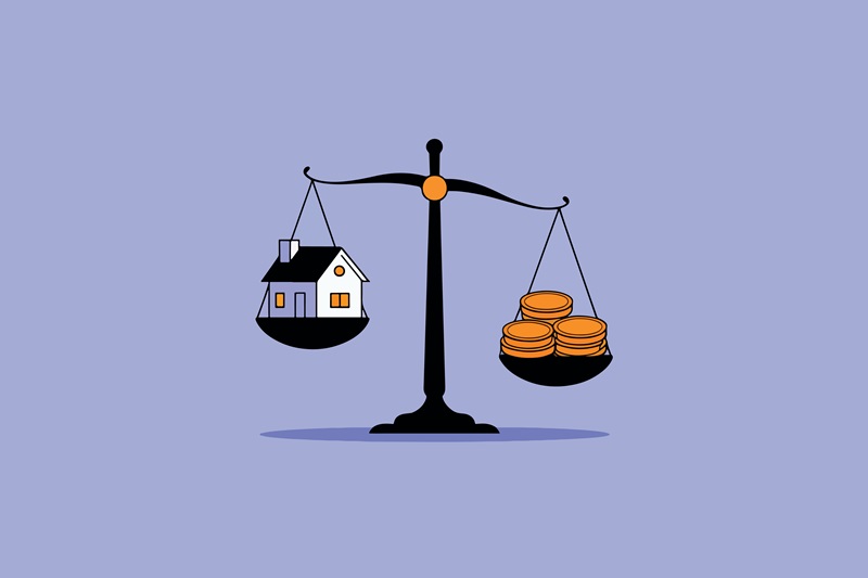 Abstract image of money and a house on scales