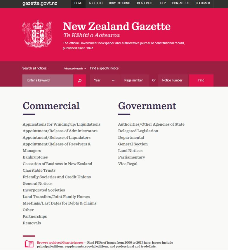 screebgrab of the New Zealand Gazette website