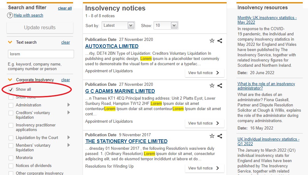 Corporate Insolvency Search Gazette