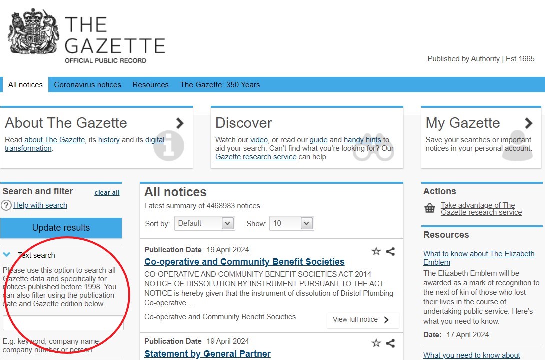 Gazette text search